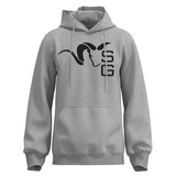 Gray hoodie with black logo on a white background