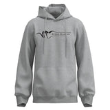 Gray hoodie with a logo on the chest against a white background