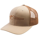 Beige and brown cap with mesh back on a white background