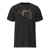 Black t-shirt with a logo on a white background
