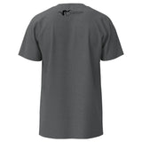 Gray t-shirt with a logo on the back against a white background