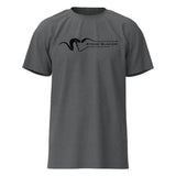 Gray t-shirt with a black logo on a white background