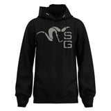 Black hoodie with a logo on a white background