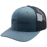 Blue trucker cap with black mesh back and logo on a white background