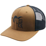Brown and  black trucker hat with a logo on a white background