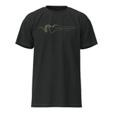 Black t-shirt with a logo on a white background
