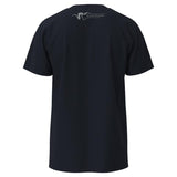 Black t-shirt with a logo on the back against a white background