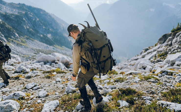 Person with a large backpack hiking on a rocky mountain trail
